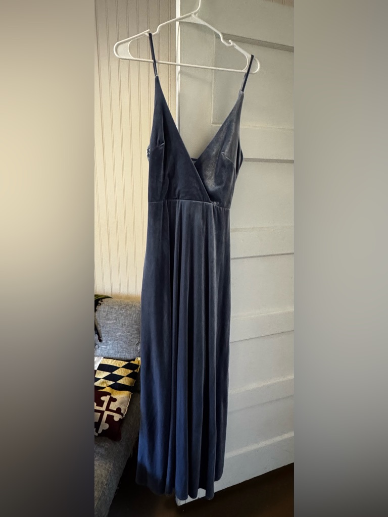 Elegant Velvet Maxi Dress In Slate Blue With V-Neck